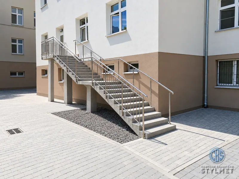 Balustrada nierdzewna przy schodach zewnętrznych budynku