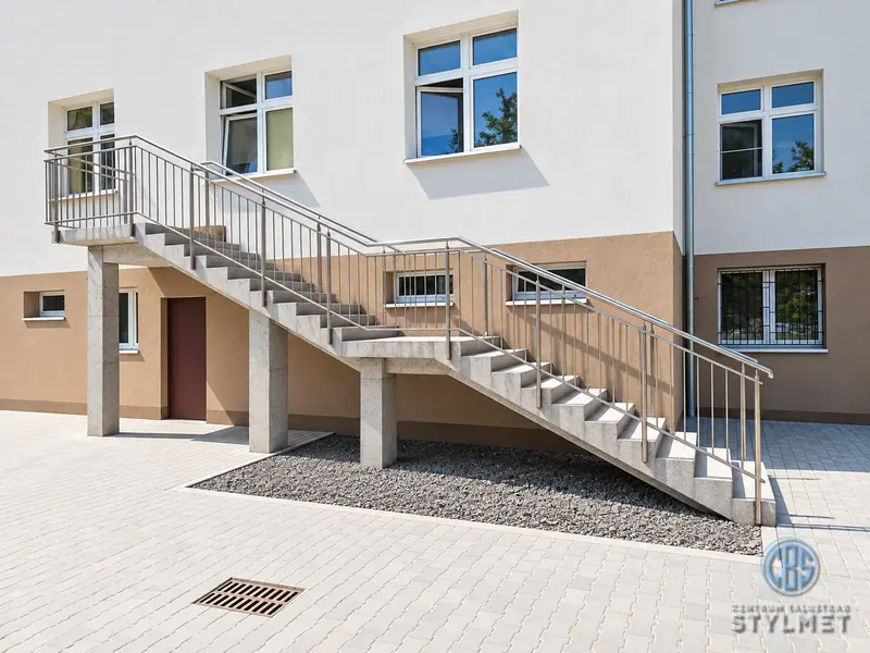 Balustrada nierdzewna przy zewnętrznych schodach budynku